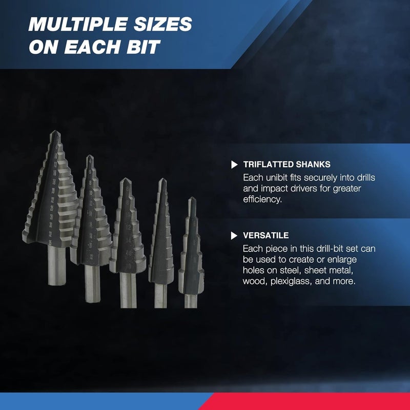 NEIKO 10198A Step Drill Bit Set | 5 Piece, 4mm- 35mm | Metric Titanium High Speed Steel Unibit, Stepper Cone Drill Bit | Two Flute Step Down Bits, 135 Degree Point - Image 3